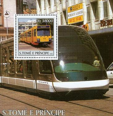 year=2003, St. Thomas and Princip Stamp block with tram