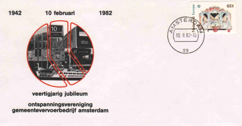 FDC: 40th anniversary leisure club Municipal Transport Company Amsterdam, 10-02-1982