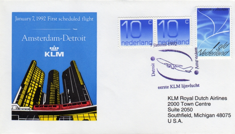 FDC: KLM flight Amsterdam-Detroit, 1992