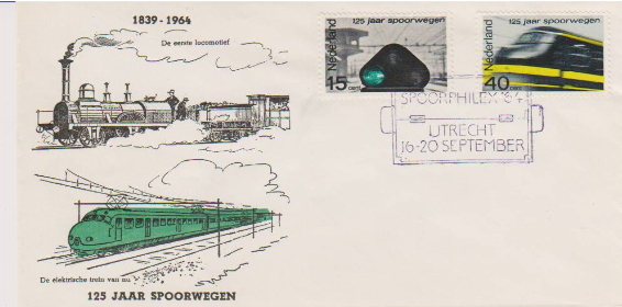 FDC: 125 Years Dutch Railways, Spoorphilex Utrecht, 16-20 September, 1964