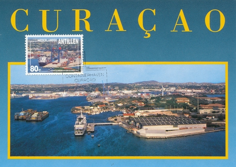 Netherlands Antilles maximum card with Willemstad harbour, container port with railway track
