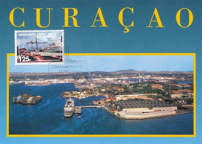 Netherlands Antilles maximum card with Willemstad harbour, container port with railway track