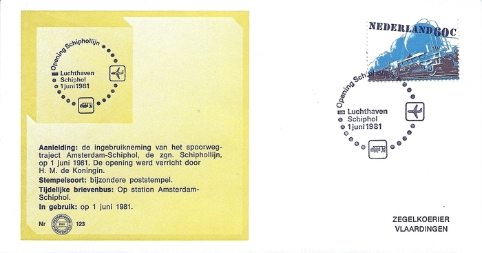 FDC: Official Opening of the line Den Haag - Leiden - Schiphol - Amsterdam, 1 June 1981