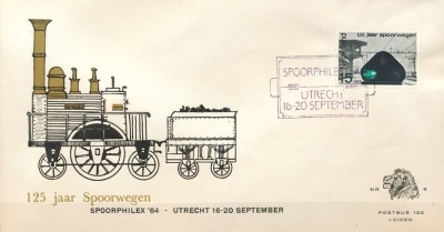 FDC: 125 Years Dutch Railways, Spoorphilex Utrecht, 16-20 September, 1964
