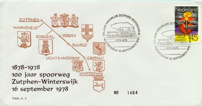 FDC: Railway line Zutphen - Winterswijk Centenary, 16 September 1978