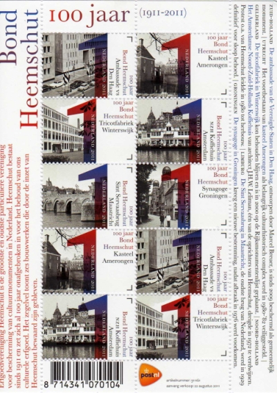 year=2011, Dutch stamp with one hundred years Heemschut railway café and St Servaas Bridge Maastricht - NVPH: 2852 + 2854 on M440